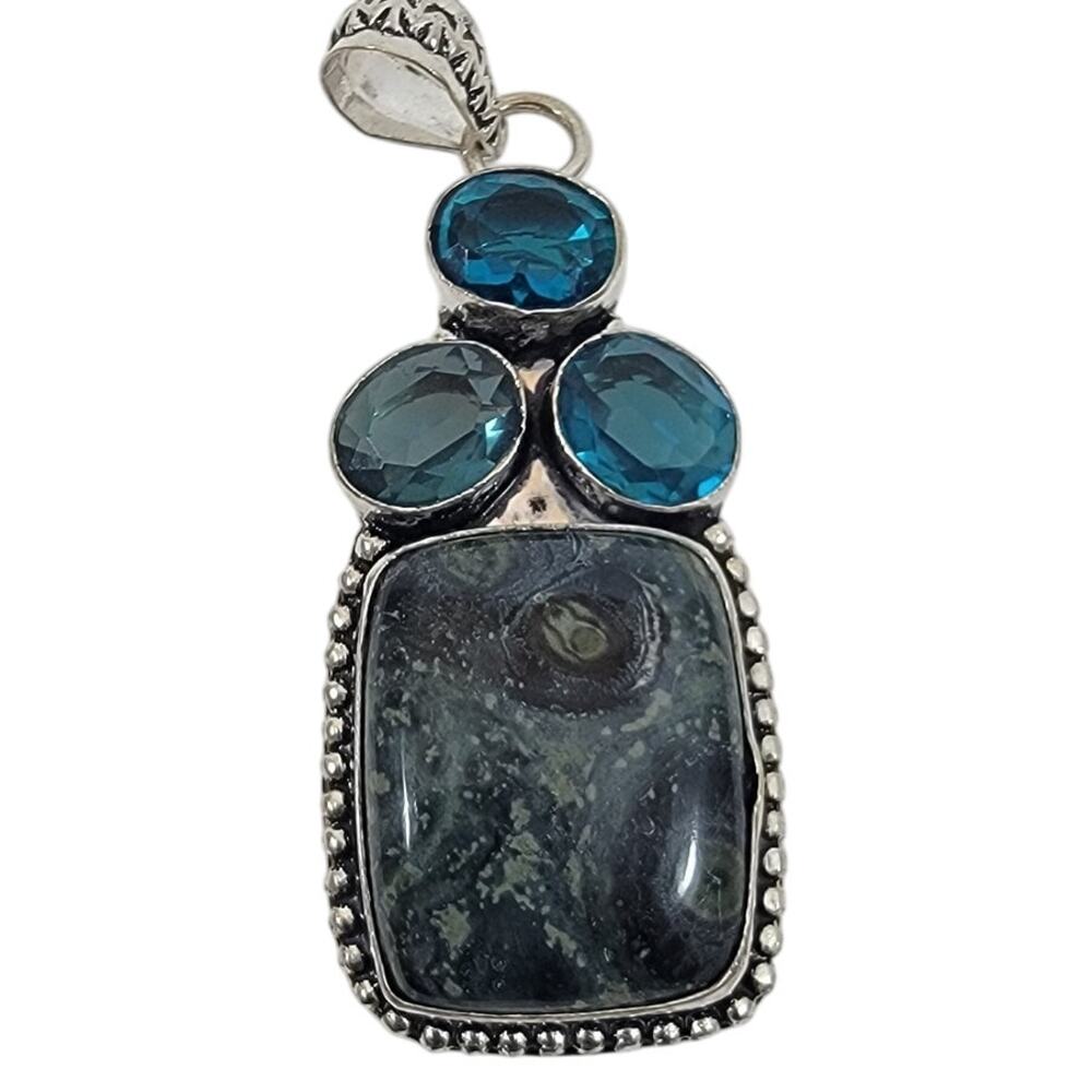 Handmade Silver Pendant with Kambaba Jasper and Blue Topaz Trio